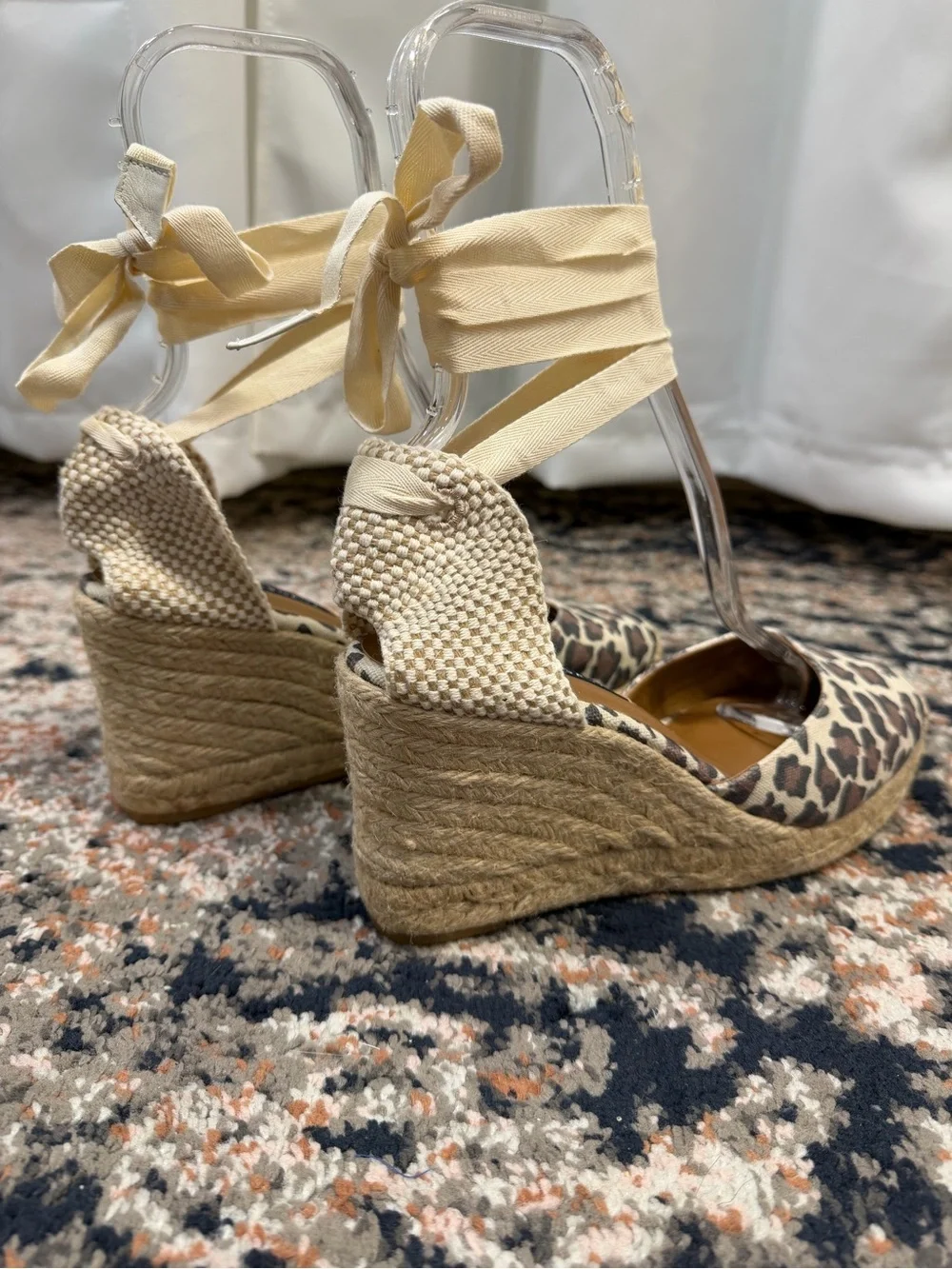 New Margaux Leopard Print Espadrille Wedges with Cream Ribbons.